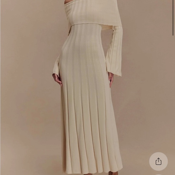 Meshki Dresses & Skirts - Meshki Cream Off-Shoulder Ribbed Maxi Dress